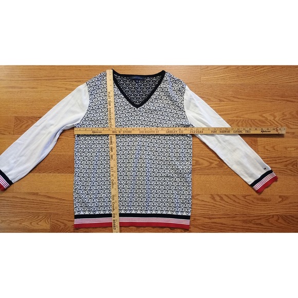 Tommy Hilfiger Anchor Print V Neck Sweater White Navy Red Long Sleeve Men's XL - Picture 2 of 7